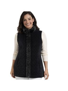 Chico’s Black Quilted Velvet Rabbit Fur Trim Vest Size Size 8/10 (Chico's 1)